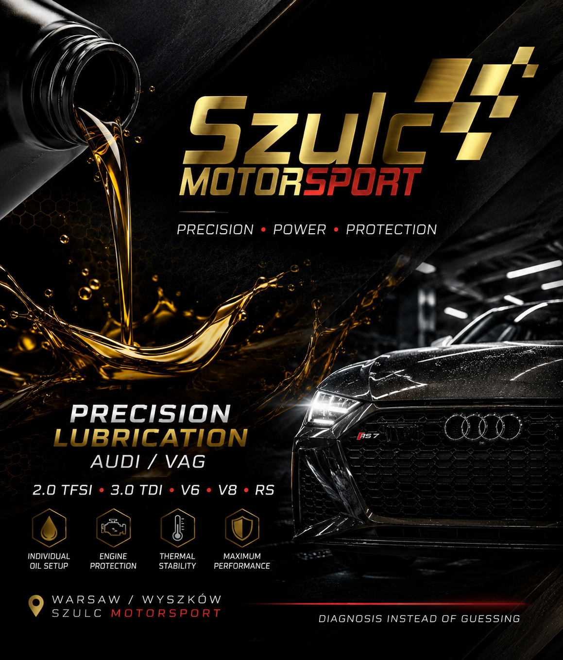 Serwis olejowy Audi Warszawa – indywidualny dobór oleju, płukanek i dodatków do silników TDI, TFSI, S i RS w Szulc Motorsport